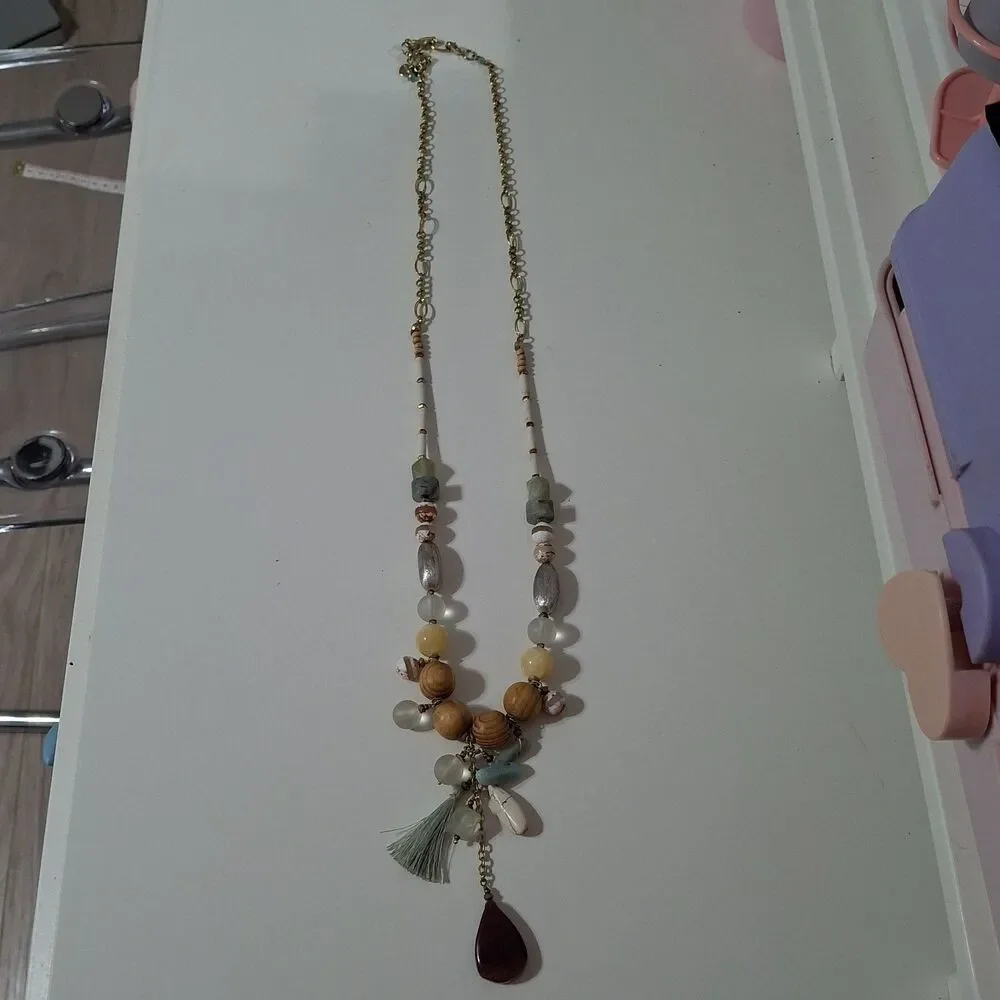 Nakamol Statement Lariat Y Drop Necklace Tassel Tear Drop Wooden Green Red Boho